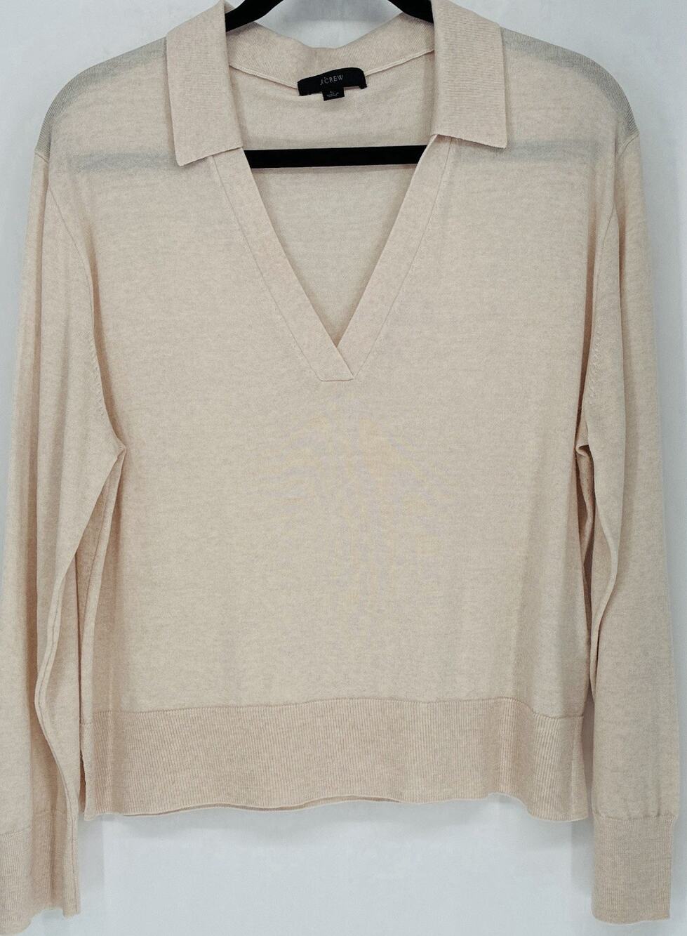 J.Crew 100% Merino Wool Polo Sweater L Oatmeal Collared V Neck NWOT